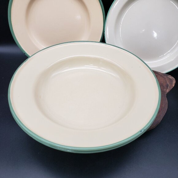Vintage Kockums Sweden Enamelware Set 3 Bowls & 3 Plates Green Rim Scandinavian - Picture 3 of 15